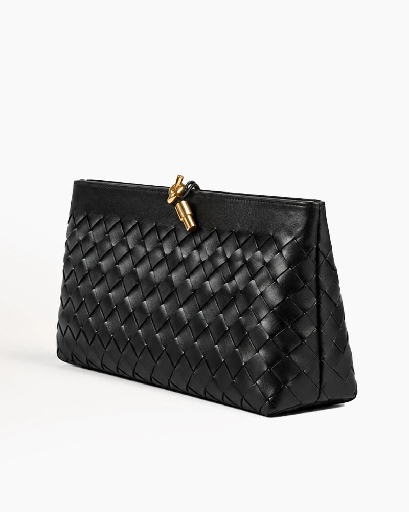 Black Woven Leather Everyday Zip Clutch