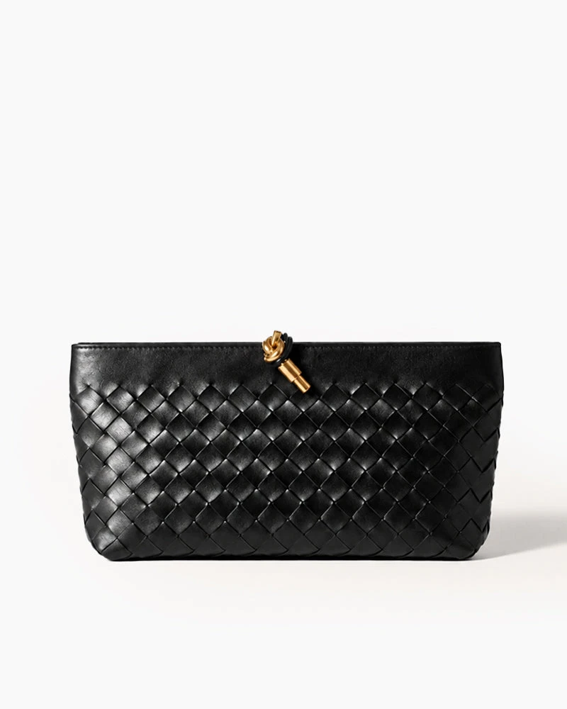 Black Woven Leather Everyday Zip Clutch