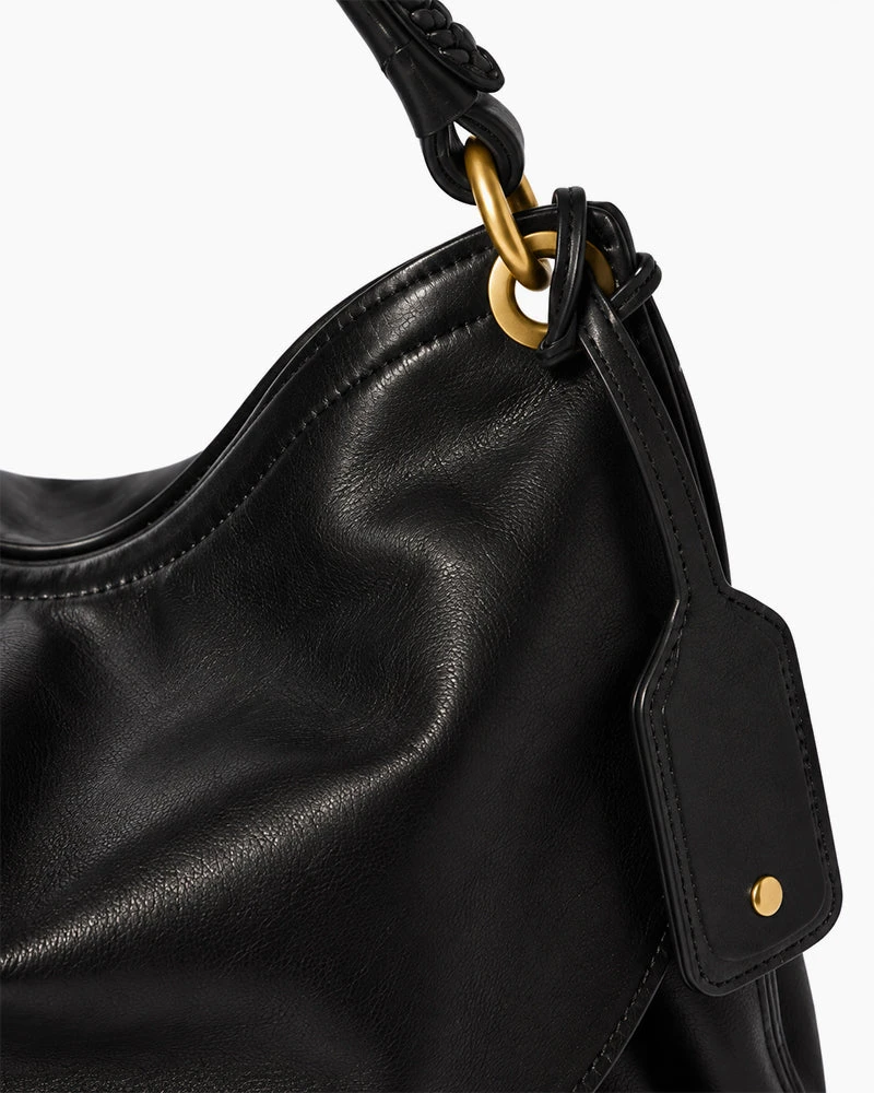 Black Faux Leather Everyday Slouchy Hobo Shoulder Bag