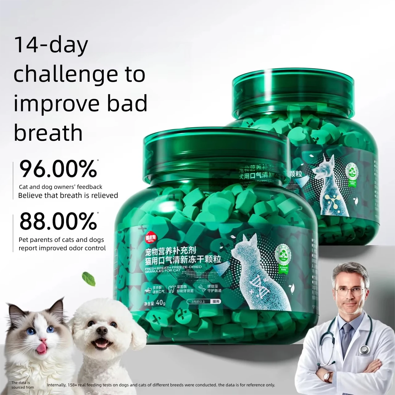 Cat and dog fresh breath freeze-dried granules—eliminates bad breath, cleans teeth, freshens breath—pet oral care health supplement.