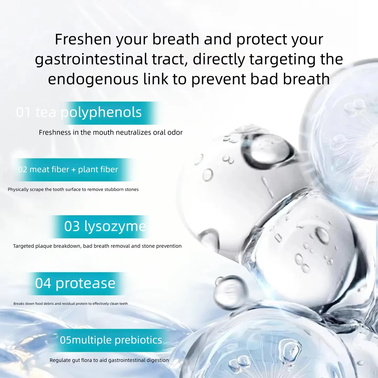 Cat and dog fresh breath freeze-dried granules—eliminates bad breath, cleans teeth, freshens breath—pet oral care health supplement.