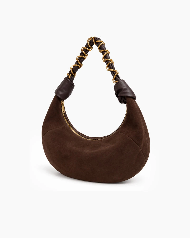 Refined Chain-Handle Leather Crescent Bag