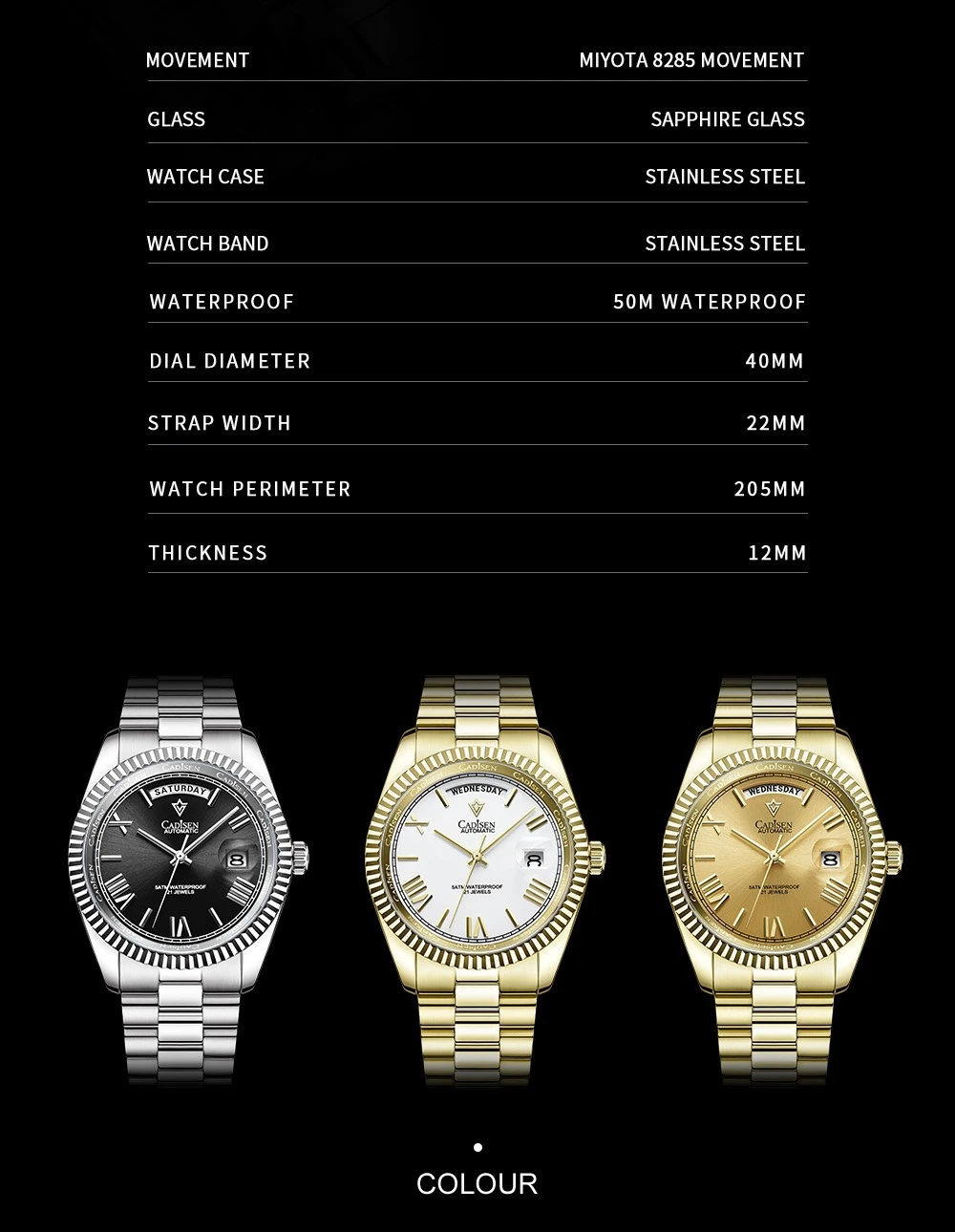 CADISEN Men Automatic Mechanical Watch Miyota 8285 Movement Sapphire Glass 50M Waterproof Day Date Business Wristwatch